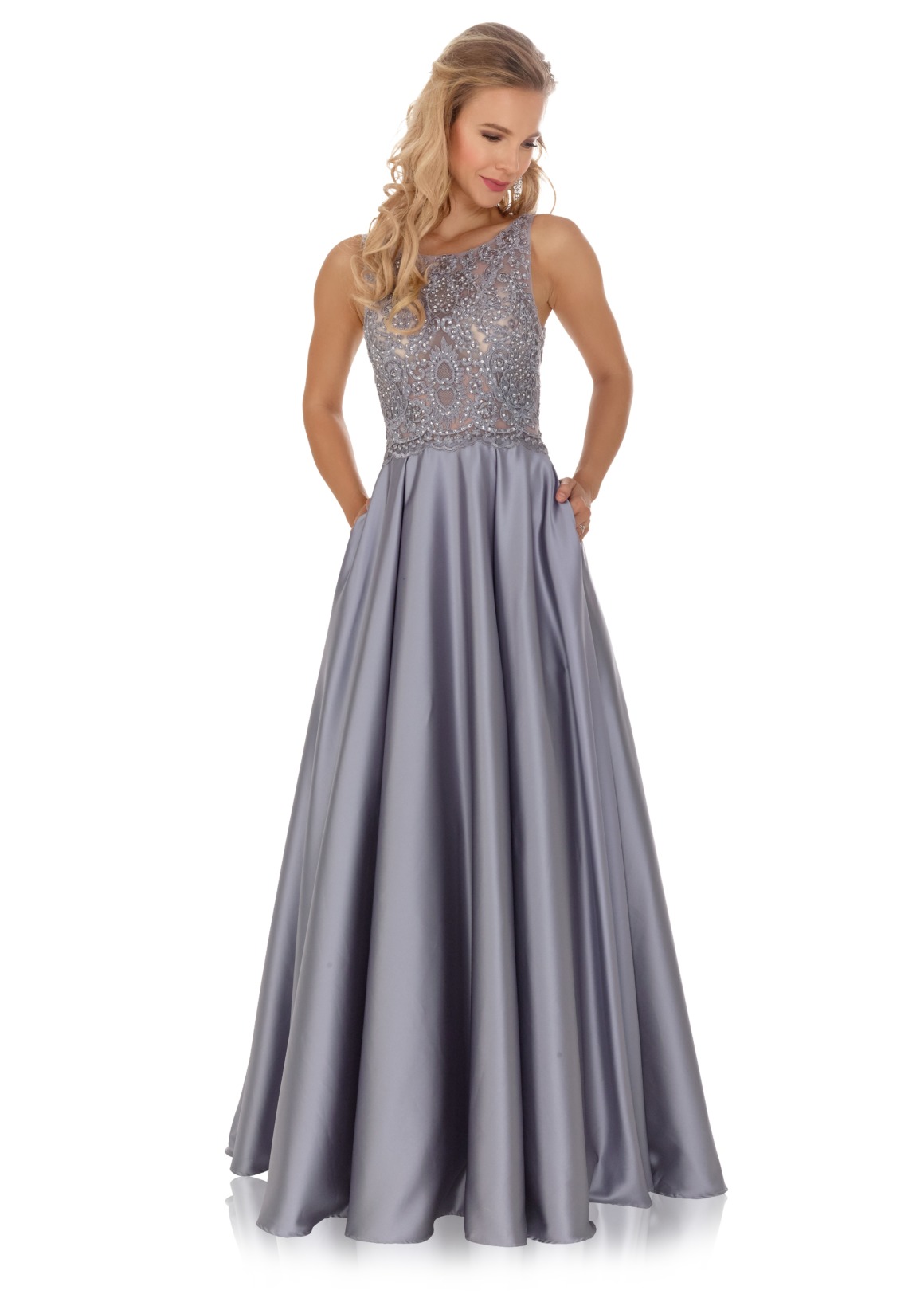 Brautjungfernkleid - Kleid für Hochzeitsgast oder Hofdamen Hofstaat Kleid silber grau elegant glitzer Satin Rock Spitze Oberteil