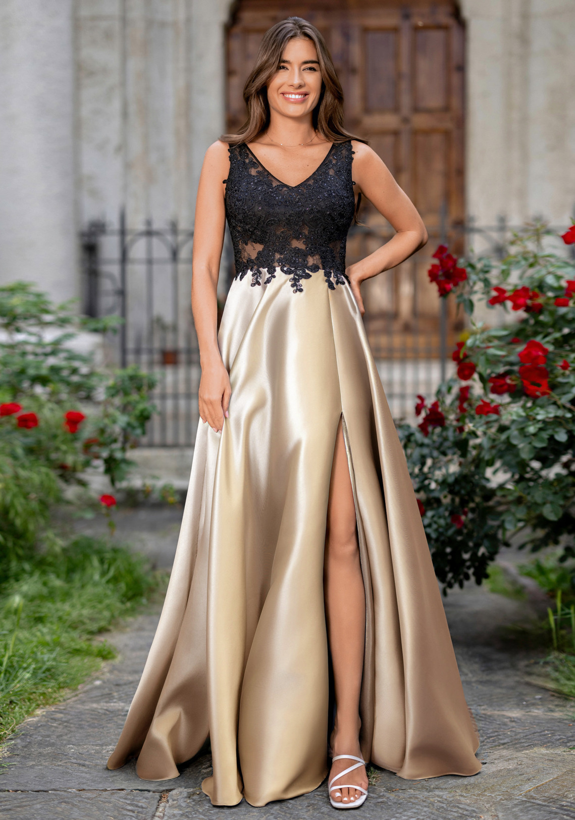 mikado abendkleid in champagne black